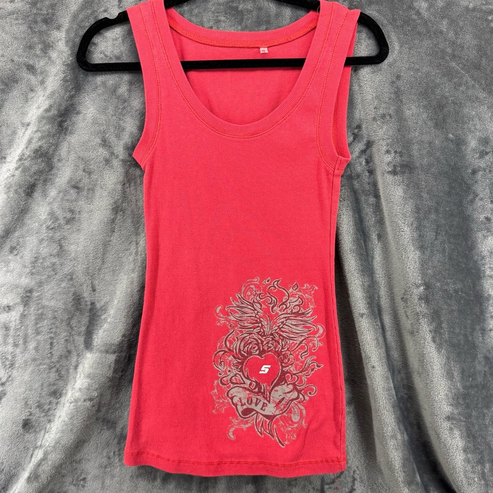 Snap On Tools Red Ribbed Scoop Neck Ed Hardy Style Love Tank Top Size Small